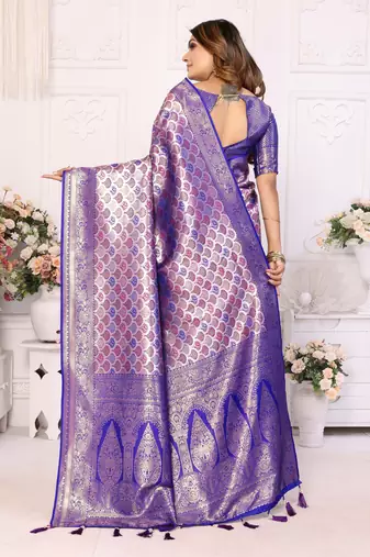 Blue Faux Banarasi Saree With Jari Weaving Border And Weaving Rich Pallu With Contrast  Blouse