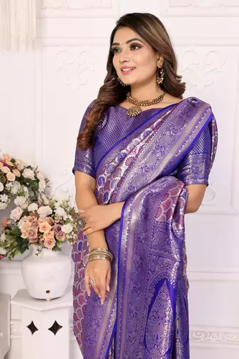 Blue Faux Banarasi Saree With Jari Weaving Border And Weaving Rich Pallu With Contrast  Blouse