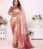 Cream Faux Banarasi Saree With Jari Weaving Border And Weaving Rich Pallu With Contrast  Blouse