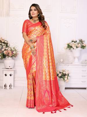 Yellow Faux Banarasi Saree With Jari Weaving Border And Weaving Rich Pallu With Contrast  Blouse 1