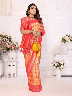 Yellow Faux Banarasi Saree With Jari Weaving Border And Weaving Rich Pallu With Contrast  Blouse 2