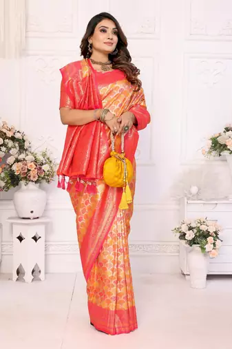 Yellow Faux Banarasi Saree With Jari Weaving Border And Weaving Rich Pallu With Contrast  Blouse