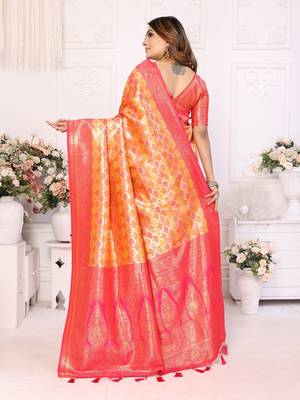 Yellow Faux Banarasi Saree With Jari Weaving Border And Weaving Rich Pallu With Contrast  Blouse 3