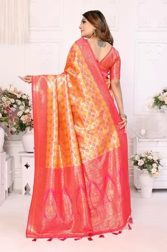 Yellow Faux Banarasi Saree With Jari Weaving Border And Weaving Rich Pallu With Contrast  Blouse