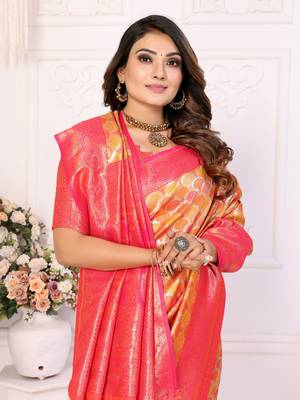 Yellow Faux Banarasi Saree With Jari Weaving Border And Weaving Rich Pallu With Contrast  Blouse 4