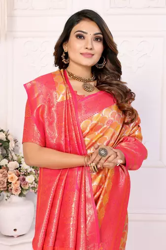 Yellow Faux Banarasi Saree With Jari Weaving Border And Weaving Rich Pallu With Contrast  Blouse