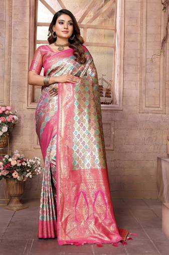 Light Green Faux Banarasi Saree With Jari Weaving Border And Weaving Rich Pallu With Contrast  Blouse