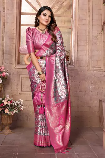 Purple Faux Banarasi Saree With Jari Weaving Border And Weaving Rich Pallu With Contrast  Blouse