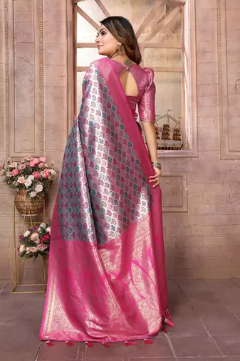 Purple Faux Banarasi Saree With Jari Weaving Border And Weaving Rich Pallu With Contrast  Blouse