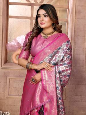 Purple Faux Banarasi Saree With Jari Weaving Border And Weaving Rich Pallu With Contrast  Blouse 4