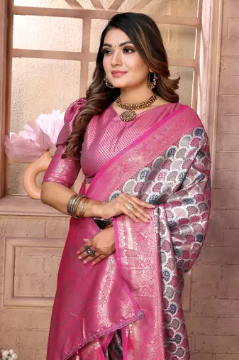 Purple Faux Banarasi Saree With Jari Weaving Border And Weaving Rich Pallu With Contrast  Blouse