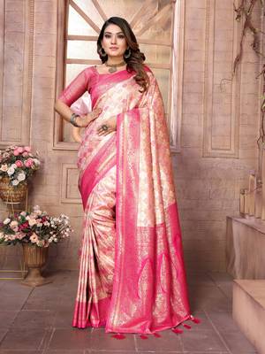 Peach Faux Banarasi Saree With Jari Weaving Border And Weaving Rich Pallu With Contrast  Blouse 1