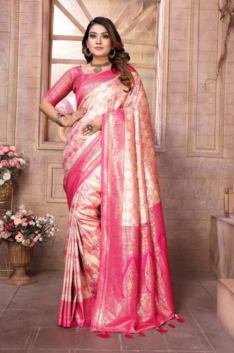 Peach Faux Banarasi Saree With Jari Weaving Border And Weaving Rich Pallu With Contrast  Blouse