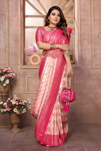 Peach Faux Banarasi Saree With Jari Weaving Border And Weaving Rich Pallu With Contrast  Blouse
