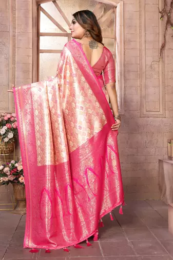 Peach Faux Banarasi Saree With Jari Weaving Border And Weaving Rich Pallu With Contrast  Blouse