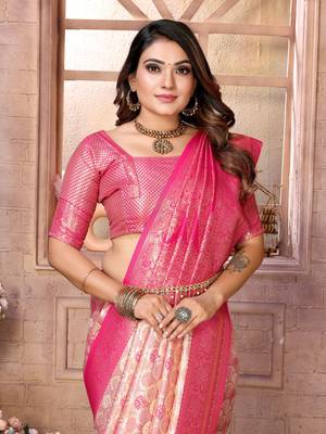 Peach Faux Banarasi Saree With Jari Weaving Border And Weaving Rich Pallu With Contrast  Blouse 4