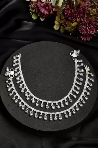  women's set of 2 silver-plated ghungroo-beaded anklets