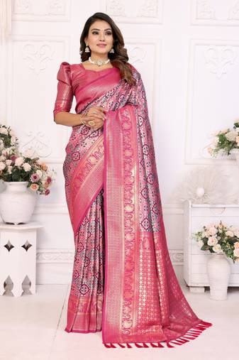 Pink Faux Banarasi Saree With Jari Weaving Border And Weaving Rich Pallu With Contrast  Blouse