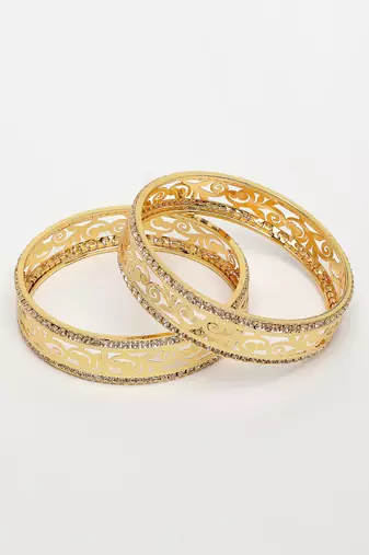  women's set of 2 gold-plated cubic zirconia stone studded kada bangles