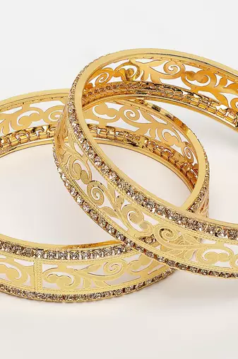  women's set of 2 gold-plated cubic zirconia stone studded kada bangles