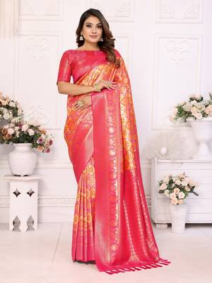 Yellow Faux Banarasi Saree With Jari Weaving Border And Weaving Rich Pallu With Contrast  Blouse 1