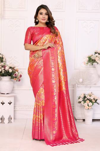 Yellow Faux Banarasi Saree With Jari Weaving Border And Weaving Rich Pallu With Contrast  Blouse