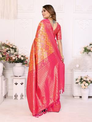Yellow Faux Banarasi Saree With Jari Weaving Border And Weaving Rich Pallu With Contrast  Blouse 2