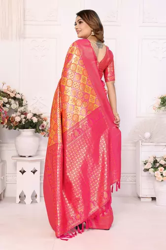 Yellow Faux Banarasi Saree With Jari Weaving Border And Weaving Rich Pallu With Contrast  Blouse