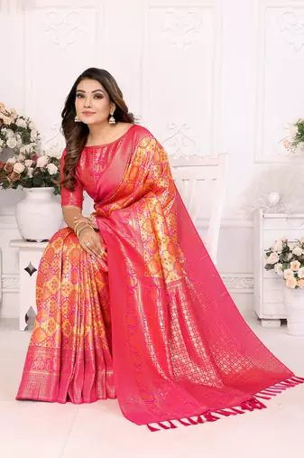 Yellow Faux Banarasi Saree With Jari Weaving Border And Weaving Rich Pallu With Contrast  Blouse