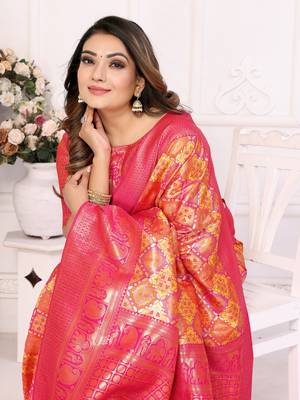 Yellow Faux Banarasi Saree With Jari Weaving Border And Weaving Rich Pallu With Contrast  Blouse 4