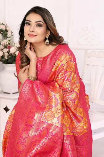 Yellow Faux Banarasi Saree With Jari Weaving Border And Weaving Rich Pallu With Contrast  Blouse