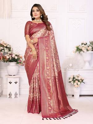 Wine Faux Banarasi Saree With Jari Weaving Border And Weaving Rich Pallu With Contrast  Blouse 1