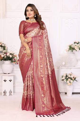 Wine Faux Banarasi Saree With Jari Weaving Border And Weaving Rich Pallu With Contrast  Blouse