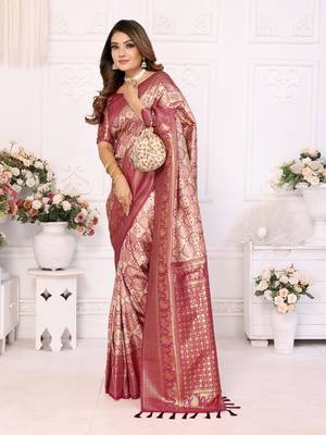 Wine Faux Banarasi Saree With Jari Weaving Border And Weaving Rich Pallu With Contrast  Blouse 2