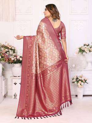 Wine Faux Banarasi Saree With Jari Weaving Border And Weaving Rich Pallu With Contrast  Blouse 3