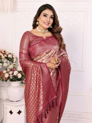 Wine Faux Banarasi Saree With Jari Weaving Border And Weaving Rich Pallu With Contrast  Blouse 4