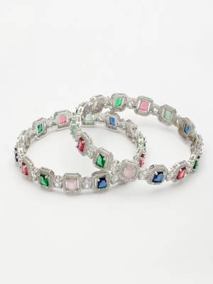 women's set of 2 multicolor silver-plated american diamond studded bangles 3