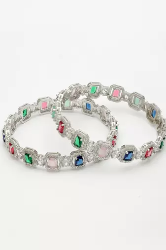 women's set of 2 multicolor silver-plated american diamond studded bangles