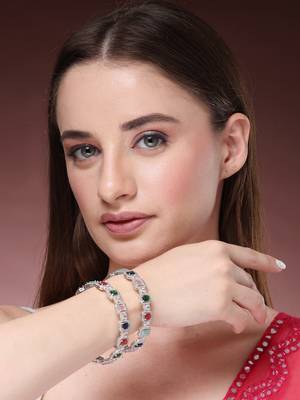 women's set of 2 multicolor silver-plated american diamond studded bangles 5