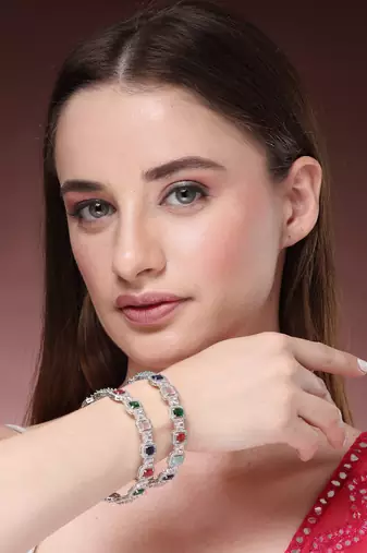 women's set of 2 multicolor silver-plated american diamond studded bangles