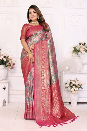 Teal Faux Banarasi Saree With Jari Weaving Border And Weaving Rich Pallu With Contrast  Blouse