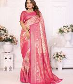 Cream Faux Banarasi Saree With Jari Weaving Border And Weaving Rich Pallu With Contrast  Blouse