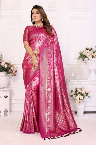 Rani Pink Faux Banarasi Saree With Jari Weaving Border And Weaving Rich Pallu With Contrast  Blouse