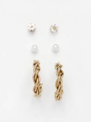  women's set of 3 gold-plated artificial stones half hoop earrings 3