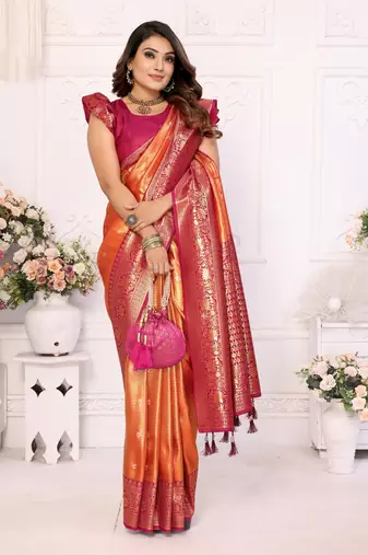 Orange Tissue Saree With Jari Weaving Border And Classic Pallu With Contrast  Blouse