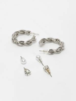 women's set of 3 silver-plated artificial stones half hoop earrings 2