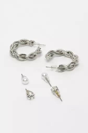  women's set of 3 silver-plated artificial stones half hoop earrings