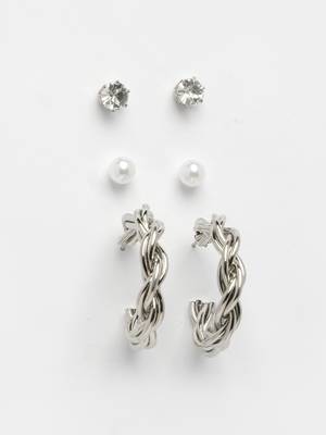  women's set of 3 silver-plated artificial stones half hoop earrings 3