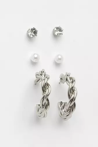 women's set of 3 silver-plated artificial stones half hoop earrings