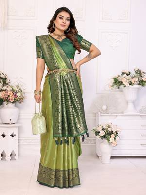 Parrot Green Tissue Saree With Jari Weaving Border And Classic Pallu With Contrast  Blouse 2